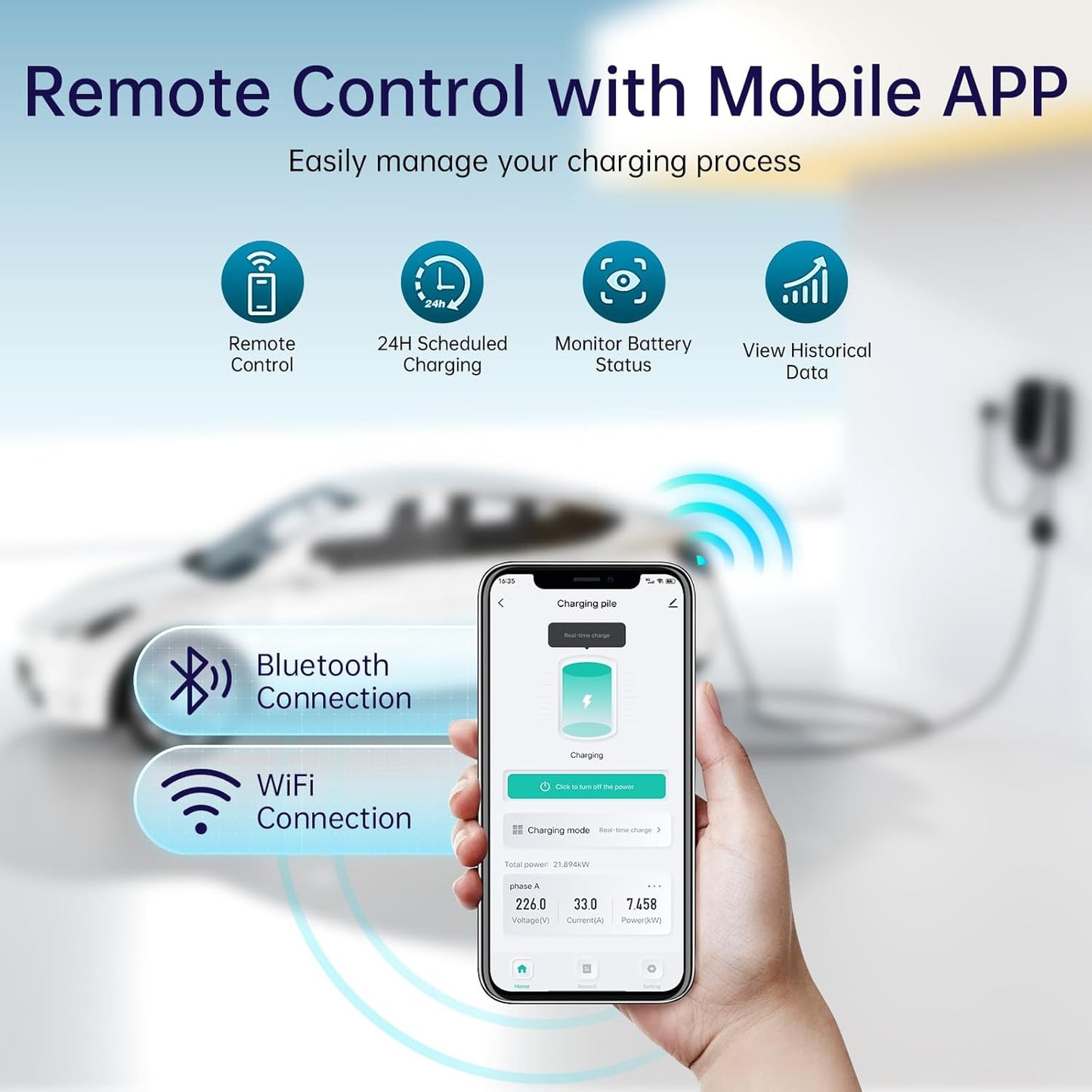 QIAO Level 2 EV Charger, Up to 40A Electric Car Charger, Wi-Fi Bluetooth APP Enabled EVSE, 4.3in Display, 25ft Cable, NEMA 6-50 Plug Charge Station Compatible with All SAE J1772 EV Models White