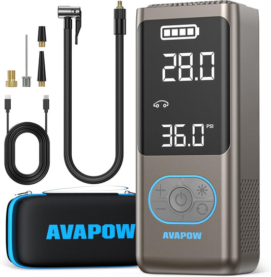 AVAPOW AP18 Tire Inflator Portable Air Compressor, 300% Faster 150 PSI Cordless Air Pump with Tire Pressure Gauge, 3.7″ Dual LCD Screen, Auto-Shuts Off Tire Pump for Car, Motorcycle, Bicycle, Gold