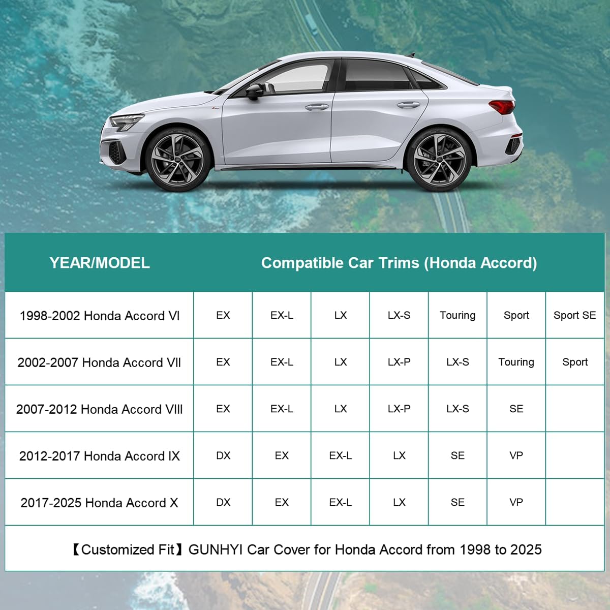 Premium Car Cover Custom Fit Honda Accord (1990-2025), 16 Layers Heavy Duty Car Cover Waterproof All Weather with Zipper Door for Sun Rain Snow Dust Uv Protection