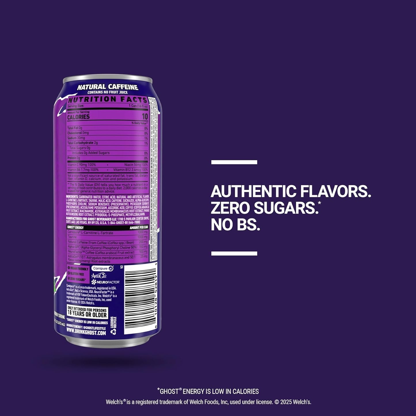 GHOST Energy Drink - 12-Pack, Welch's Grape, 16oz Cans - Energy & Focus & No Artificial Colors - 200mg of Natural Caffeine, L-Carnitine & Taurine - Gluten-Free & Vegan