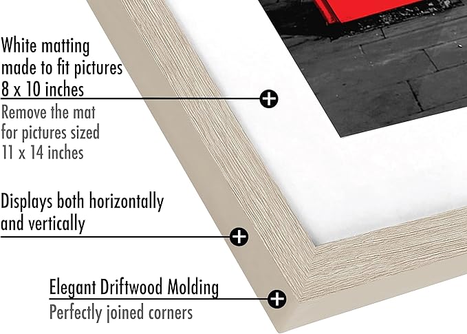 Americanflat 11x14 Picture Frame with Shatter-Resistant Glass - Set of 2 - Use as 8x10 Frame with Mat or Display 11x14 Photo Without Mat - Signature Collection - Picture Frames for Wall - Driftwood