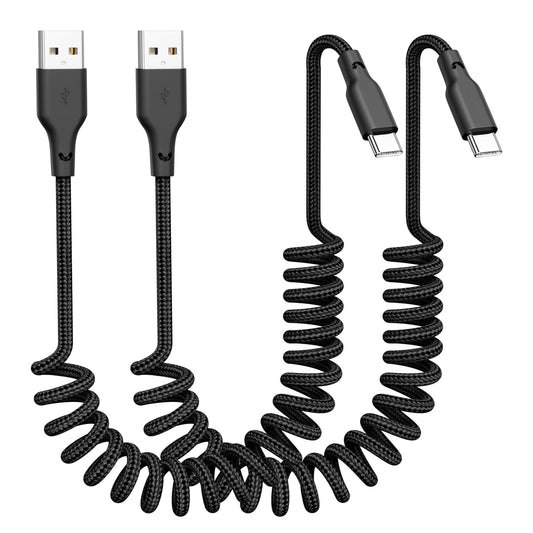 Car Carplay Cable 2Pack 3ft Coiled USB A to USB C Fast Charge Cord for iPhone 16/15/Plus/Pro Max/MacBook Pro, Auto Coiled Retractable iPhone Car Cord