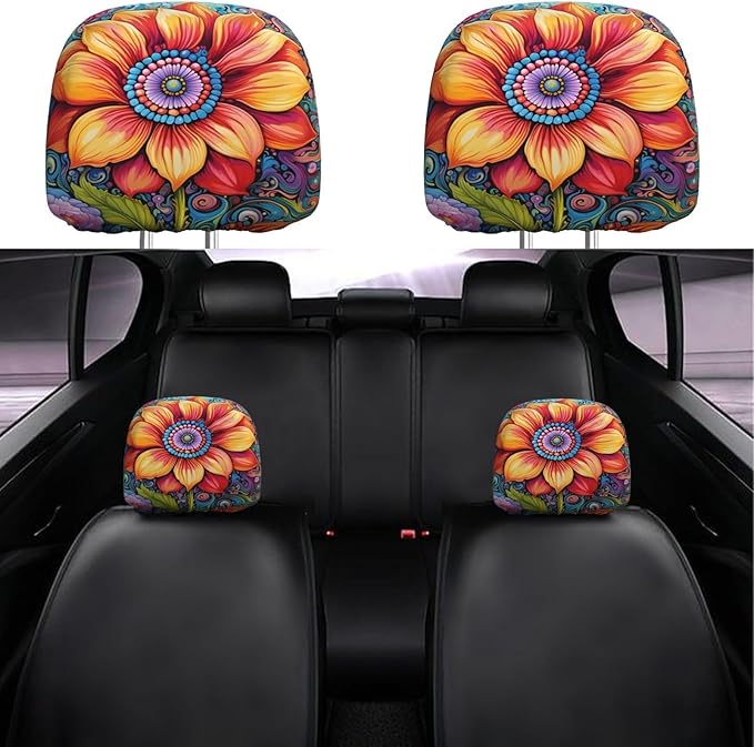 Dujiea 2 Pack Hippie Flower Car Headrest Covers, Universal Soft Car Seat Head Rest Cover Protector, Vehicle Accessories Fabric Headrest Cover for Cars Vans Trucks