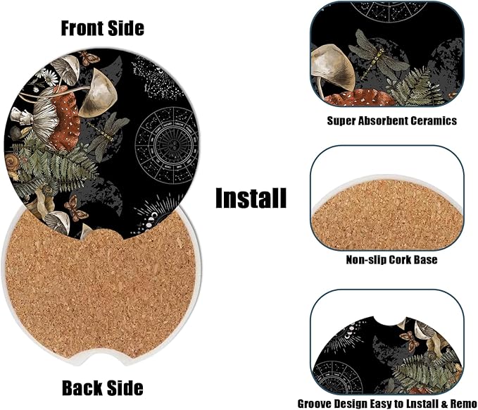 Magic Forest Mushroom Car Cup Holder Coaster - Moon Phase Absorbent Ceramic Coaster, Car Coasters for Cup Holders, Auto Accessories for Women & Men, Pack of 2