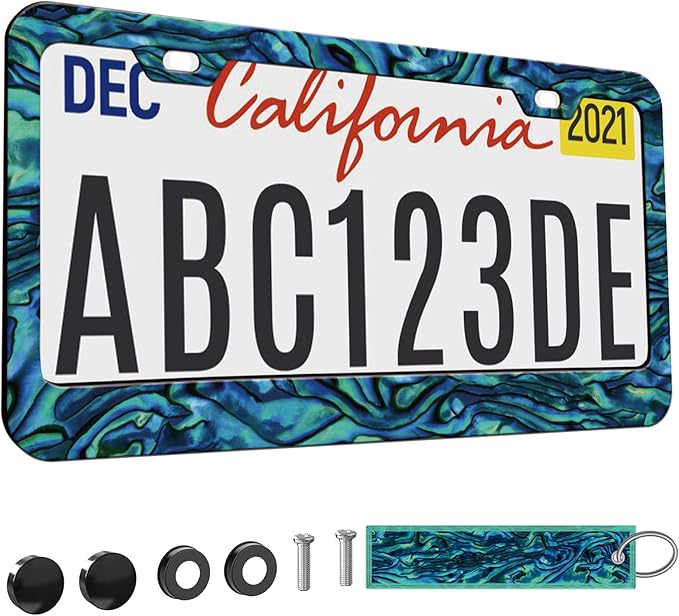1pcs Faux Abalone License Plate Frame for Women, car Decorative tag Frames Girly, Faux Abalone License Plate Cover Holder for Vehicle with Double Sided car Keychain tag
