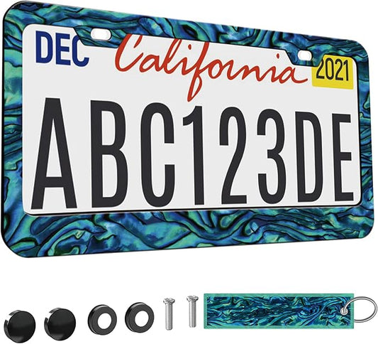 1pcs Faux Abalone License Plate Frame for Women, car Decorative tag Frames Girly, Faux Abalone License Plate Cover Holder for Vehicle with Double Sided car Keychain tag