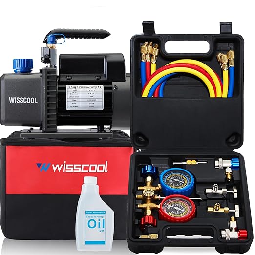 3.5CFM AC Vacuum Pump and 3 Way Gauge Set, 110V 1/4 hp HVAC Air Vacuum Pump Manifold Gauge Kit with 3 Hoses Adapters Accessories Carry Bag for R134a R12 R22 R502 Refrigeration Auto Systems
