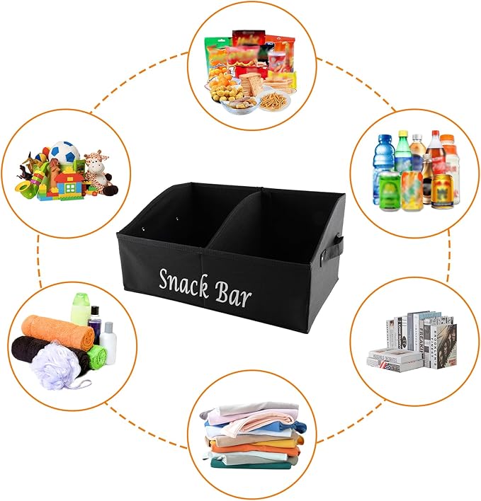 Snack Organizer for Countertop, Fabric Snack Basket with Handles, 2 Large Compartment Snack Container Bin Holder, Snack Bar Station Decor, Kitchen Pantry Organizer and Storage, Black
