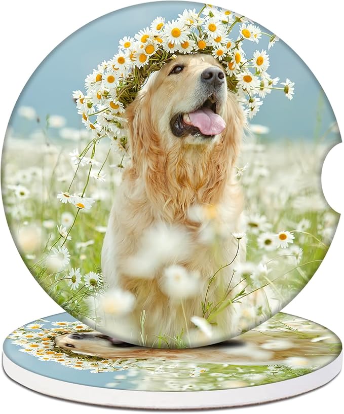 2 Pack Car Cup Holder Coasters - Dog Flower Absorbent Ceramic Coaster, Car Coasters for Cup Holders, Car Interior Accessories for Women Men