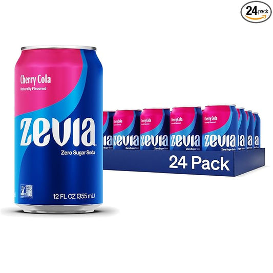 Zevia Zero Sugar Soda, Cherry Cola, 12 oz Cans (24-Pack) – Naturally Sweetened, Non-GMO Project Verified, Gluten-Free, Vegan