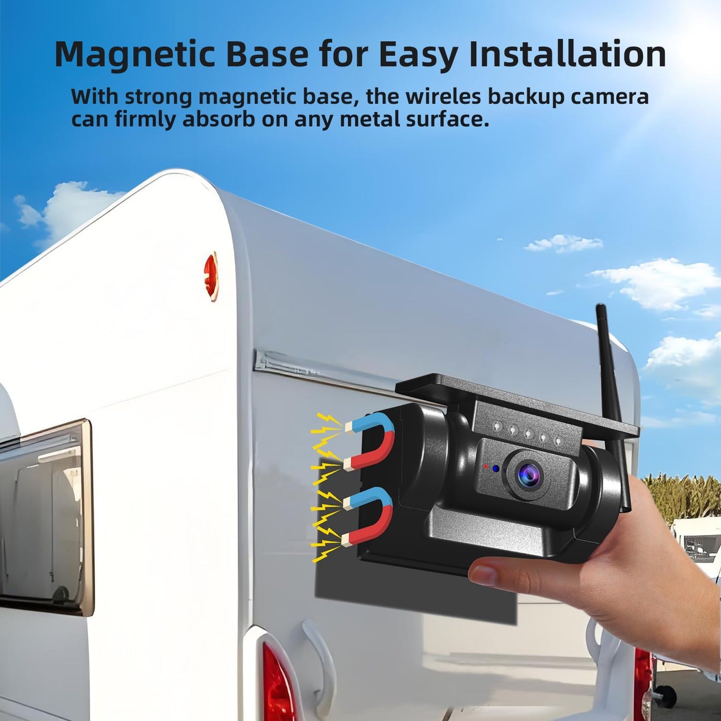 WiFi Magnetic Solar Wireless Backup Camera, 10000mAh Rechargeable 1080P Rear View Camera for Truck RV Trailer Camper Car, Night Vision IP67 Waterproof, App for Phone iOS Android