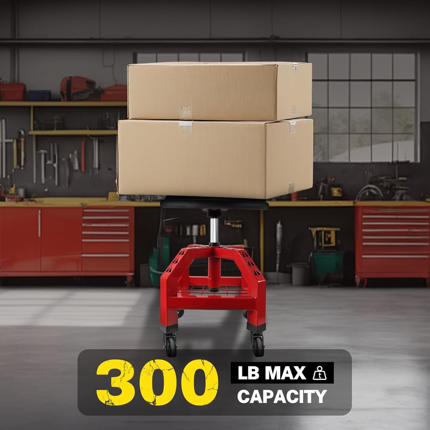 BILITOOLS Heightened Rolling Shop Stools with Wheels 26-33", Adjustable Garage Mechanic Stool Oversized Seat & Backrest, 300 LBS Shop Chair for Garage with Wheels Heavy-Duty Swivel Tool Tray Storage