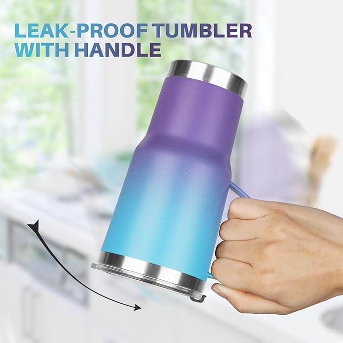 20 oz Tumbler with Handle, Stainless Steel Insulated Tumbler with Lid and Straw, Double Wall Vacuum Coffee Mug Tumbler, Insulated Coffee Thermal Cup for Cold and Hot（Blue Purple）