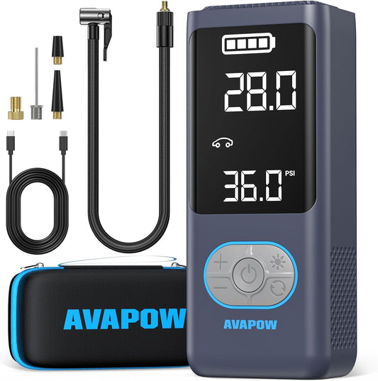 AVAPOW AP18 Tire Inflator Portable Air Compressor, 300% Faster 150 PSI Cordless Air Pump with Tire Pressure Gauge, 3.7″ Dual LCD Screen, Auto-Shuts Off Tire Pump for Car, Motorcycle, Bicycle, Purple