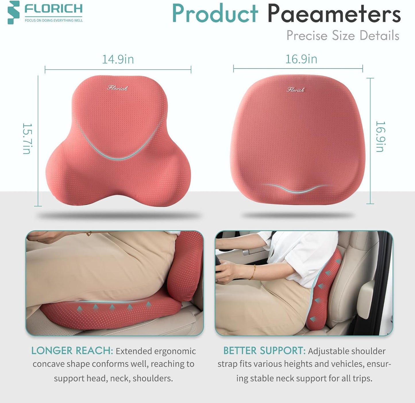 FLORICH Car Seat Cushion and Lumbar Support Pillow for Office Chair Car, Ergonomic Memory Foam, Relieves Back Sciatica Pain, Pressure-Relieving Back Support for Car, Office Chair & Wheelchair - Red