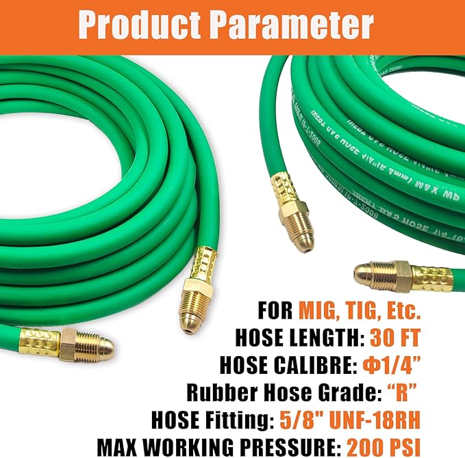 30FT Argon Gas Hose, Inert Gas Welding Hoses for MIG/TIG Welding Regulator，Argon/CO2 Flowmeter Regulator Hose, 5/8" UNF-18RH, NPT Fittings, Welding Accessories for MIG/TIG Welder