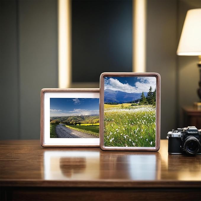 HELPLEX 5x7 Premium Picture Frame Set of 2 - Solid Walnut Wood with HD Tempered Glass, Convertible 4x6 Matted or 5x7 Frameless Display, Wall or Tabletop Frames - Home Gallery, Memories Made Easy