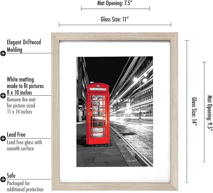 Americanflat 11x14 Picture Frame with Shatter-Resistant Glass - Set of 2 - Use as 8x10 Frame with Mat or Display 11x14 Photo Without Mat - Signature Collection - Picture Frames for Wall - Driftwood