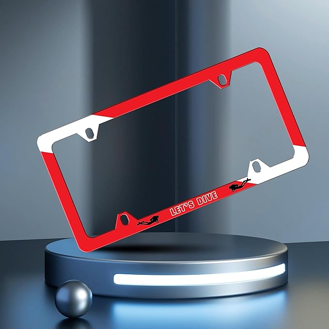 Let‘s Dive License Plate Frame Dive Flag License Plate Frames Personalise Stainless Steel Funny Design Compatible with Standard License Plate Holder for USA and Canada 6 X 12 with Screws