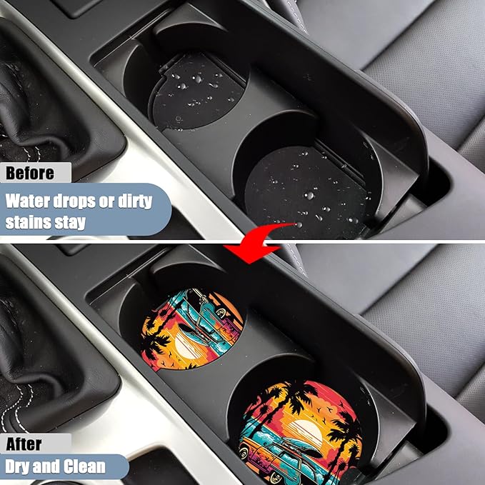 Car Cup Holder Coaster - Sunset Palm Tree Scenery Travel Absorbent Ceramic Coaster, Travel Drink Cup Holder Coasters, Auto Interior Accessories, Drink Cup Holder Coasters for Women & Men Pack of 2