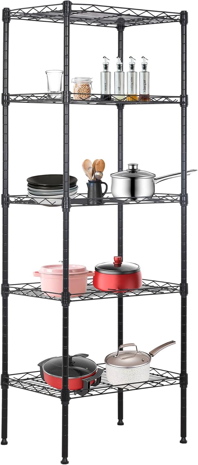 BestOffice 5 Tier Garage Shelving Heavy Duty Metal Shelves 17”D x 12”W x 48”H Easy Assemble Storage Shelves NSF Certified Wire Shelving with Leveling Feet for Garage Home Office, Black