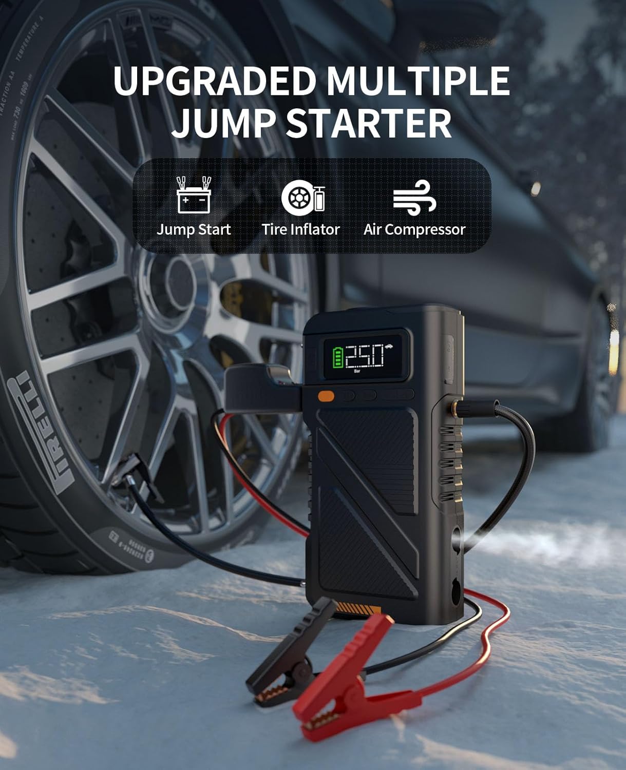 8000A Jump Starter with Air Inflator & Deflator Compressor, 9-in-1 Portable 12V Car Jump Box Power Pack for All Gas/12L Diesel Engine with 150PSI Tire Inflator & Extended Jumper Cable