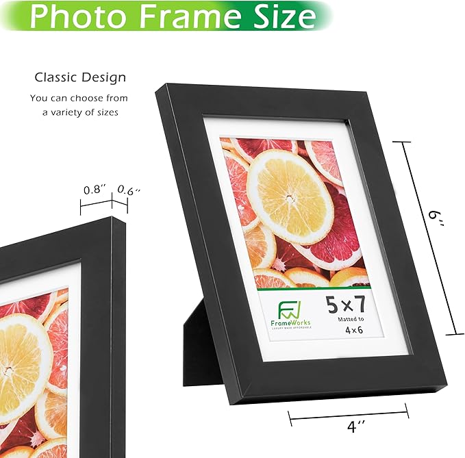 FrameWorks 2-Pack, 5x7 Matted to 4x6 Picture Frame, Black ??Classic Wooden Photo Frame with Tempered Glass, Modern Matte Finish for Prints, Posters, Certificates & Wall Decor ??Gallery-Ready