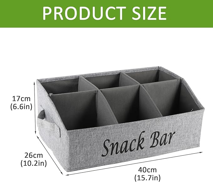 Snack Organizer for Countertop, Trapezoid Fabric Snack Bin Holder with Side Handles, 6 Compartment Snack Basket Container, Lightweight Snack Bar Station Organizer, Kitchen Pantry Storage-Gray