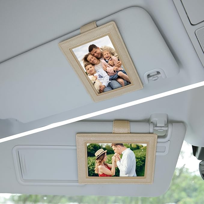 KINIVA 2 Pack Car Picture Holder - Magnetic Faux Leather Picture Frame for Safe Driving - Gift for Dad Mom Husband Wife Car Visor Accessories, Car Accessory (Fits 2.5"x3.5" Photos) (Apricot)