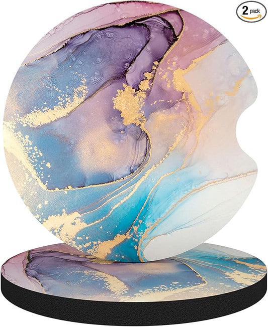 Car Cup Holder Coasters, 2 Pack Universal Auto Anti Slip Insert Coaster with A Finger Notch, Cute Car Assecories for Women Men, Cup Mat for Most Interior, Purple Ink Marble