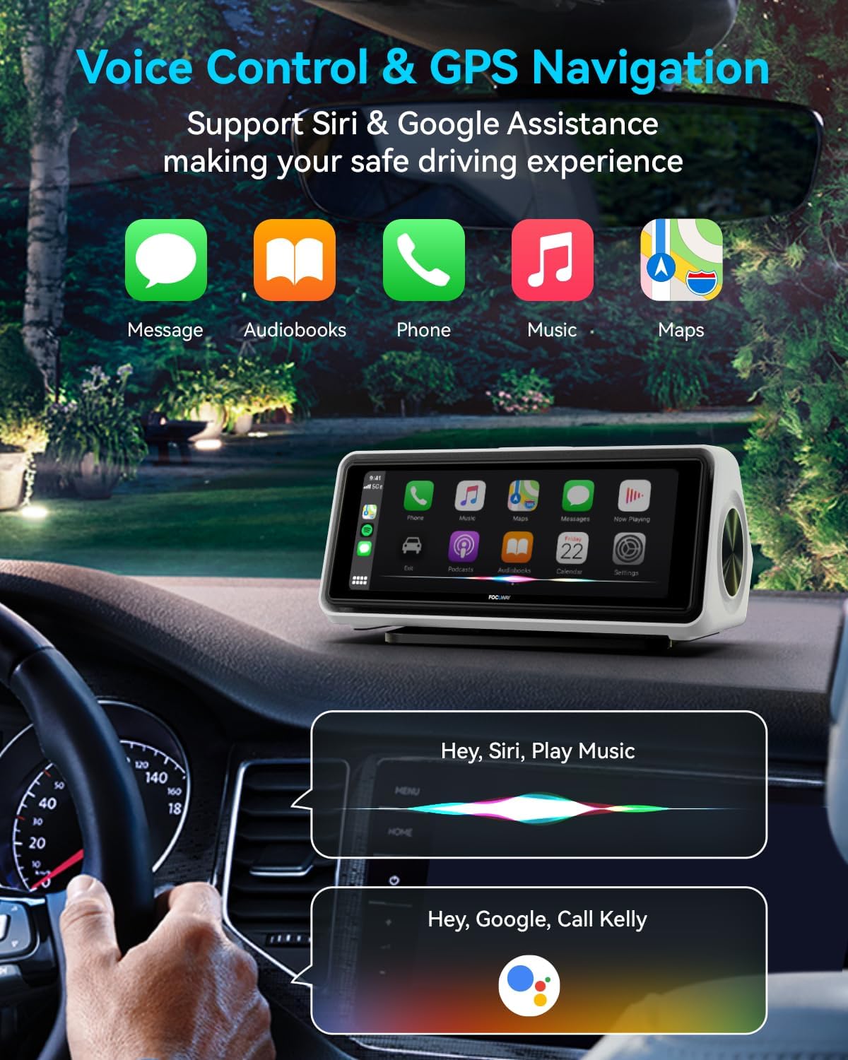 Portable Apple Carplay Screen for Car, Touch Screen with Wireless Android Auto, Car Audio Receivers with Voice Control, Mirror Link, Music Play, GPS Navigation, Built-in Customized Speakers (White)