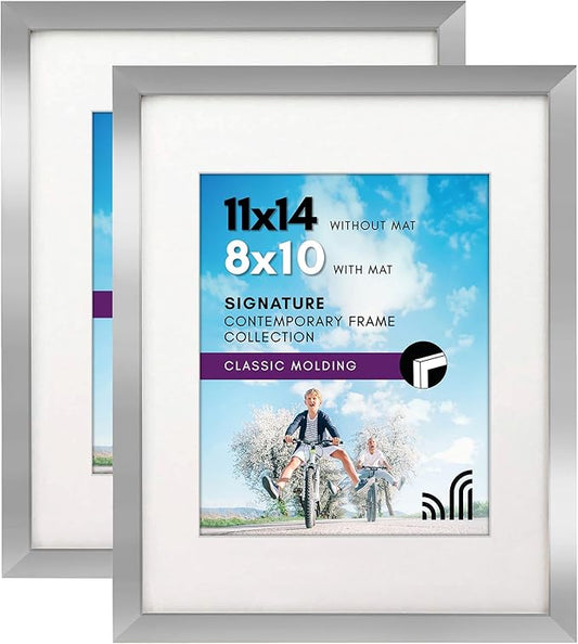 Americanflat 11x14 Picture Frame with Shatter-Resistant Glass - Set of 2 - Use as 8x10 Frame with Mat or Display 11x14 Photo Without Mat - Signature Collection - Picture Frames for Wall - Silver