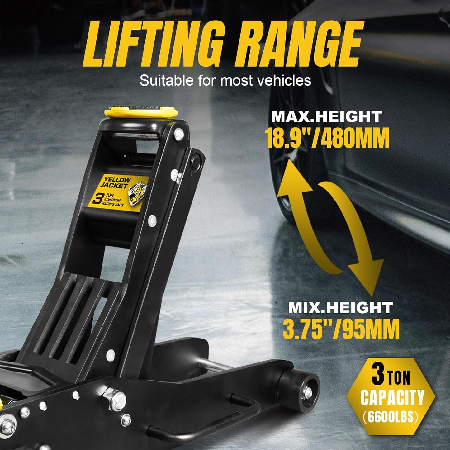 YELLOW JACKET Floor Jack 3 Ton Full Aluminum Ultra Lightweight Low Profile Hydraulic Racing Car Jack with Dual Pumps Quick Lift and Foot Pedal for Auto Repair, 6600 lbs Capacity
