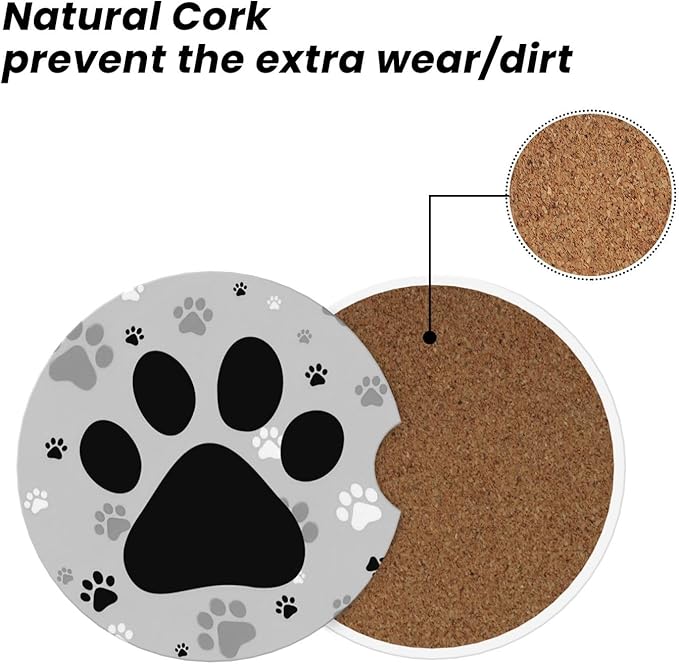 ABLESKY Car Coasters for Cup Holders, 2 Pack Absorbent Anti Slip Car Cup Holder Coasters, 2.56 Inch Ceramic Universal Size Auto Interior Accessories Women Men-Gray Dog Paw