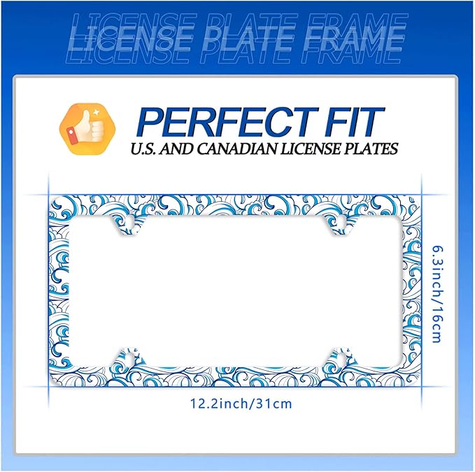 Blue Ocean Waves License Plate Frame License Plate Stainless Steel Auto Parts Colorful License Plate Funny Decorative with Screws Size 12.3" x 6.3" for Men Women