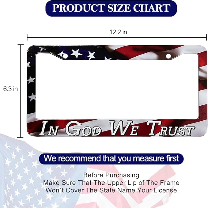 LIN KANG in God We Trust Christian License Plate Frames - 2 Pack American Flag Design Car Plate Holder Cover Universal Accessories License Plate Aluminum Car Tag Frames for Women Men US Vehicles