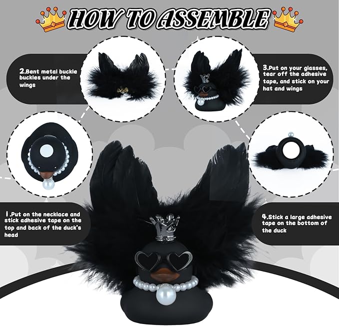BOZILY Cool Car Rubber Duck, Car Dashboard Decoration, with Crown, Sunglasses, Black Feather Wings & Necklace, Home Ornament, Car Owner