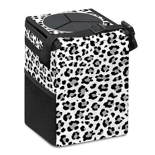 Black and Grey Leopard Trash Can with Lid - Collapsible Reusable Waterproof Garage Bag, Automotive Garbage Can, Car Accessories Interior Organizer