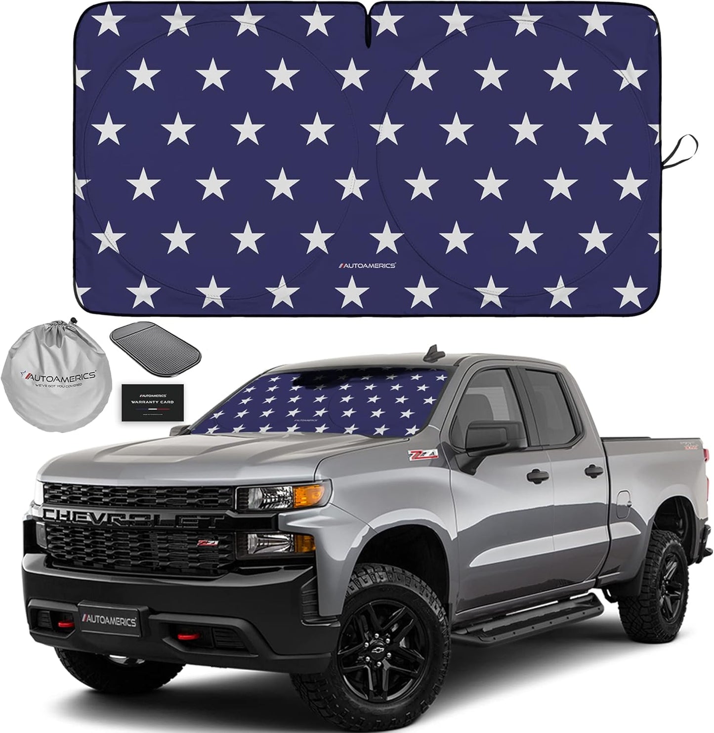 Autoamerics 1-Piece Windshield Sun Shade American Stars Flag USA Patriotic Design - Foldable Car Front Window Sunshade for Sedans SUV Truck - Blocks Max UV Rays and Keeps Your Vehicle Cool - Large