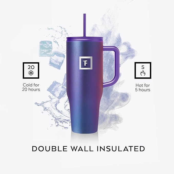 IRON °FLASK Co-Pilot Insulated Mug w/Straw & Flip Cap Lids - Cup Holder Bottle for Hot, Cold Drink - Leak-Proof- Water, Coffee Portable Travel Tumbler - Cobalt Blue Speckle, 40 Oz