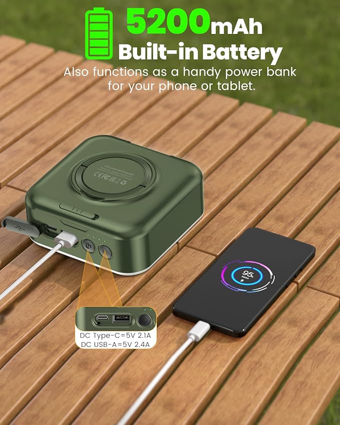 Camping Lantern - Collapsible Solar LED Lamp, 5200mAh Solar/USB Rechargeable, 1000LM, 5 Light Modes, Outdoor IPX4 Waterproof - Portable Emergency Light （Green）