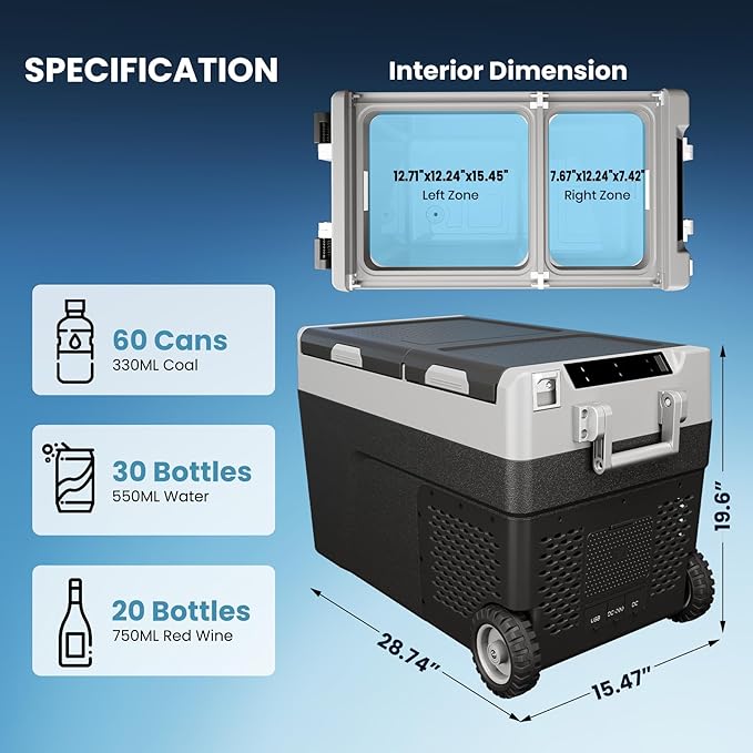 51 QT(48L) Portable Car Fridge, 12V Refrigerator Electric Cooler with Wheels & Handle, Dual Zone -4℉-68°F, App Control, AC/DC Charger, Car Fridge Freezer Coolers for Camping Vehicle Travel