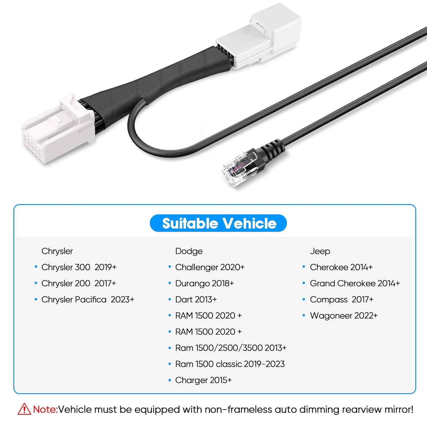 Radar Detector Power Adapter RJ11 Plug (10P Type C) Compatible with Dodge RAM,Charger,Challenger,Grand Cherokee,Chrysler,with Auto-dimming Rearview Mirror,Radar Detector Adapter Cable,Clean Install