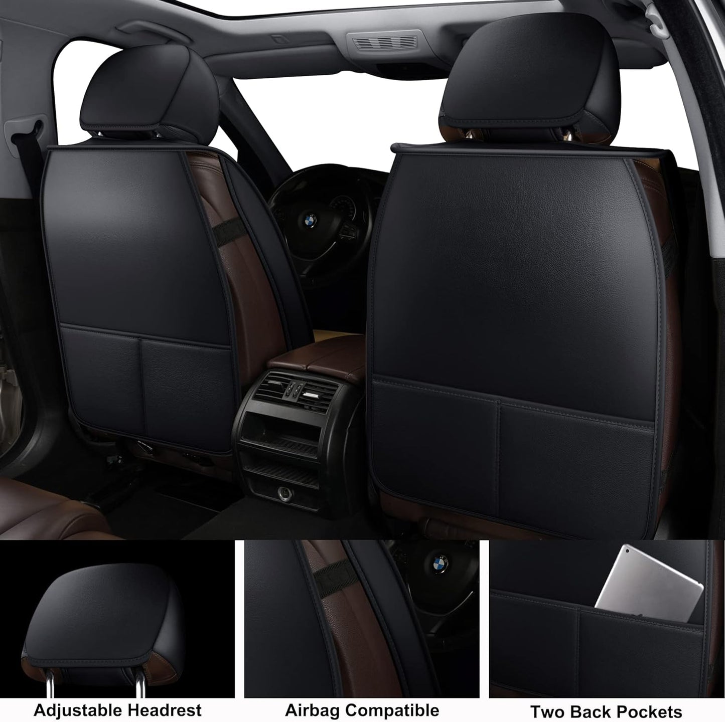 LINGVIDO Car Seat Covers, Breathable and Waterproof Faux Leather Automotive Seat Covers for Cars SUV Truck Sedan,Universal Anti-Slip Seat Cover with Backrest (Front Seat, Black-Blueline)