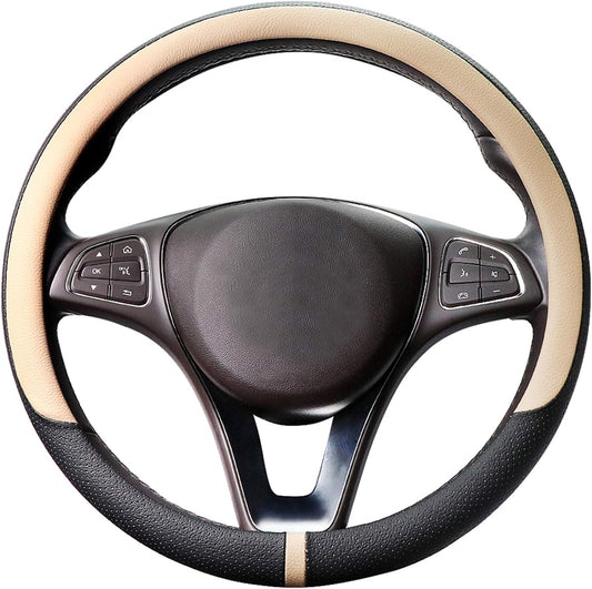 COFIT Breathable Car Steering Wheel Cover 15 inch Auto Universal Leather Wrap Non-Slip Steeringwheel Protector Automotive Interior Accessories, Beige (Suit for 14.5-15 inch)