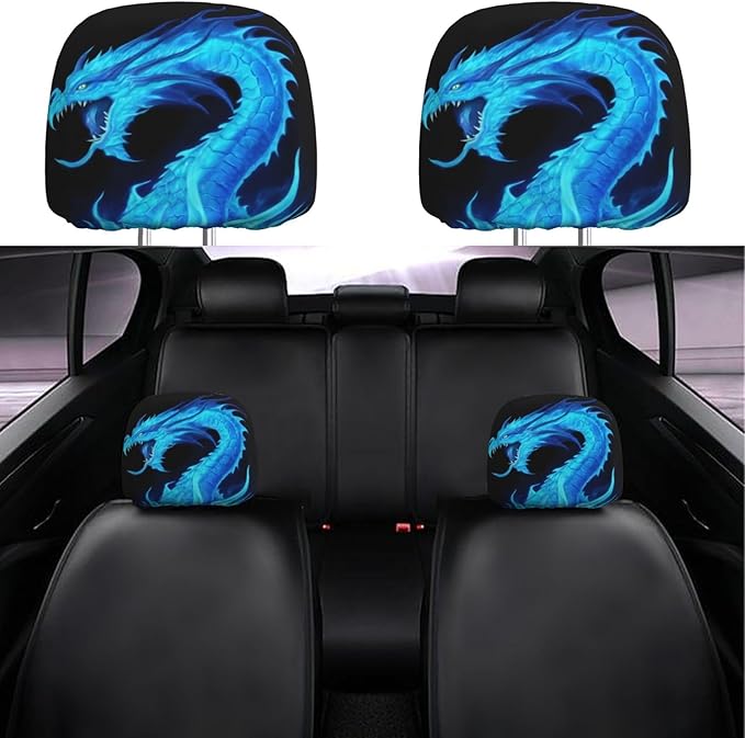 Dujiea 2 Pack Fire Blue Dragon Car Headrest Covers, Universal Soft Car Seat Head Rest Cover Protector, Vehicle Accessories Fabric Headrest Cover for Cars Vans Trucks