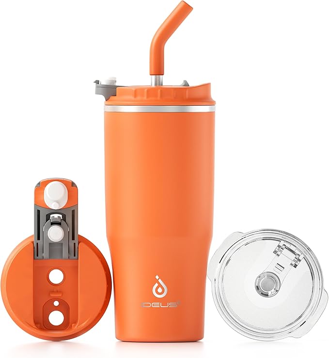 Ideus Insulated Tumbler with Lid and Straw 24 oz, Stainless Steel Double-Wall Vacuum Leak-Proof Travel Coffee Mug, Cup Holder Friendly, Orange Tiger