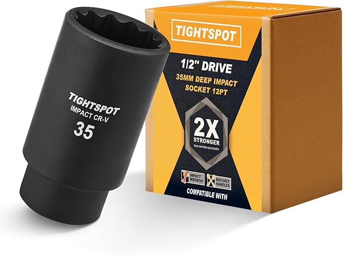 TIGHTSPOT 1/2 Inch Drive 35 mm Deep Impact Socket with Anti-Rounding 12 Point Design, Heat-Treated CRV Steel