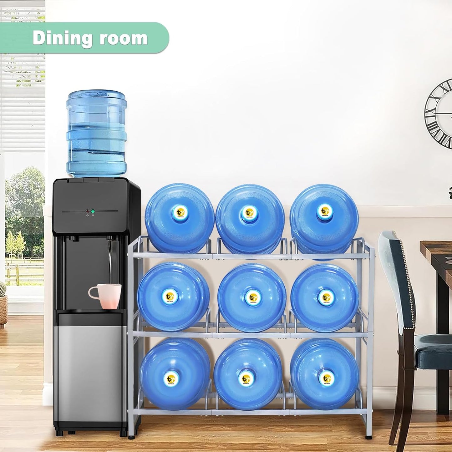 5 Gallon Water Jug Holder 9 Jugs Capacity, Newly Upgraded 3-Tier Heavy Duty Water Cooler Jug Storage Rack, Detachable Organizer Shelf for Home, Office, Garages Black