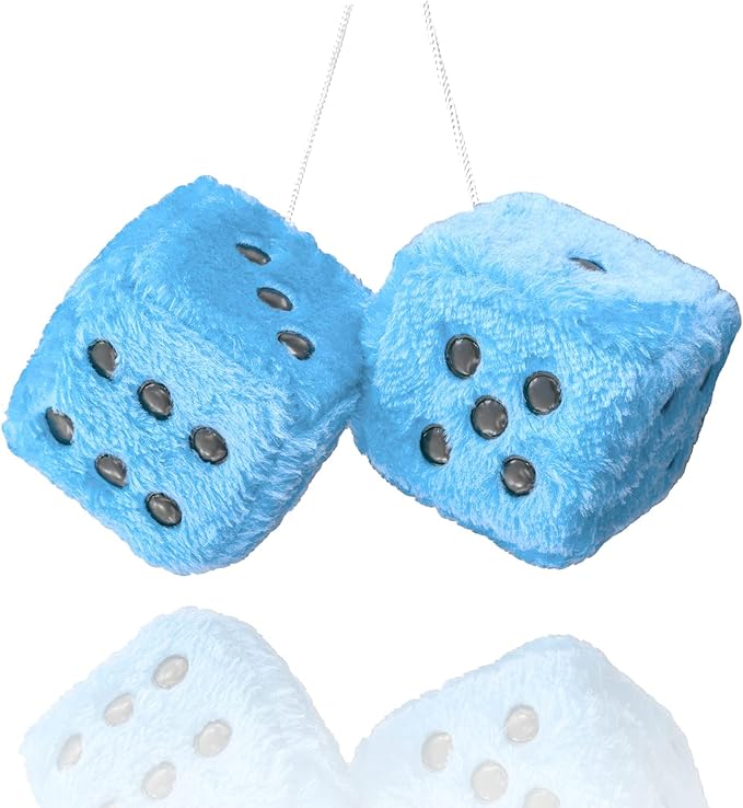 Fuzzy Plush Dice for Car Mirror, Pair of Retro 3” Light Blue Dice with Black Dots for Car Interior Hanging Ornament Decoration